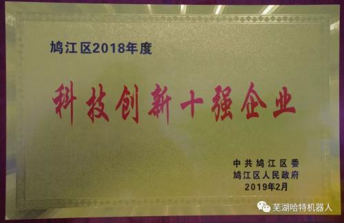 哈特研究院荣获“鸠江区2018年度科技创新十强企业”