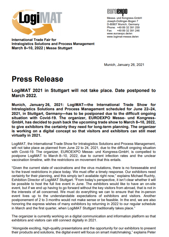 公告：LogiMAT德国展将延期至2022年3月8-10日举办
