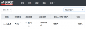 高仙机器人上榜胡润《2022年中全球独角兽榜》