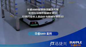 华睿科技助力迅捷兴工厂建成高效智能物流体系：通过AMR集群与RCS调度系统，实现物料跨楼层自动转运和系统实时响应，最终达成生产全流程智能化运输。
